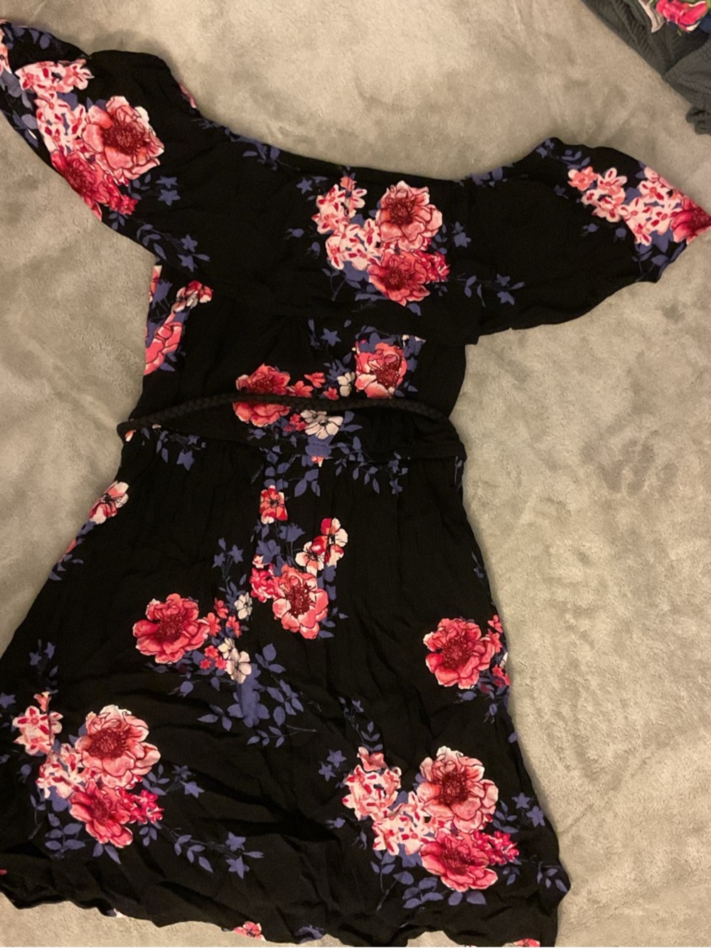 No Boundaries Black Floral Off-Shoulder dress with Pink Roses